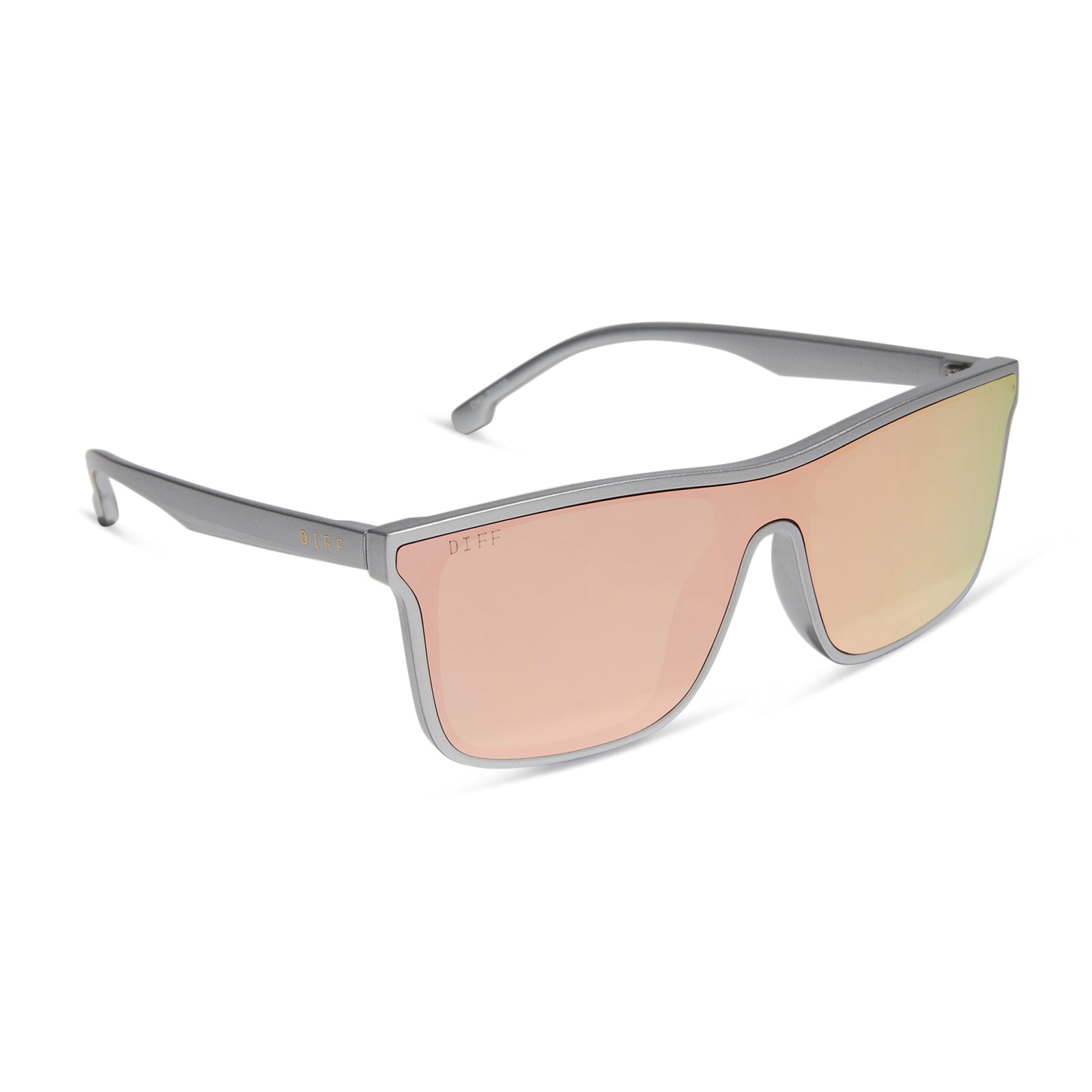 diff sport flash square sunglasses with a silver frame and peach mirror polarized lenses angled view