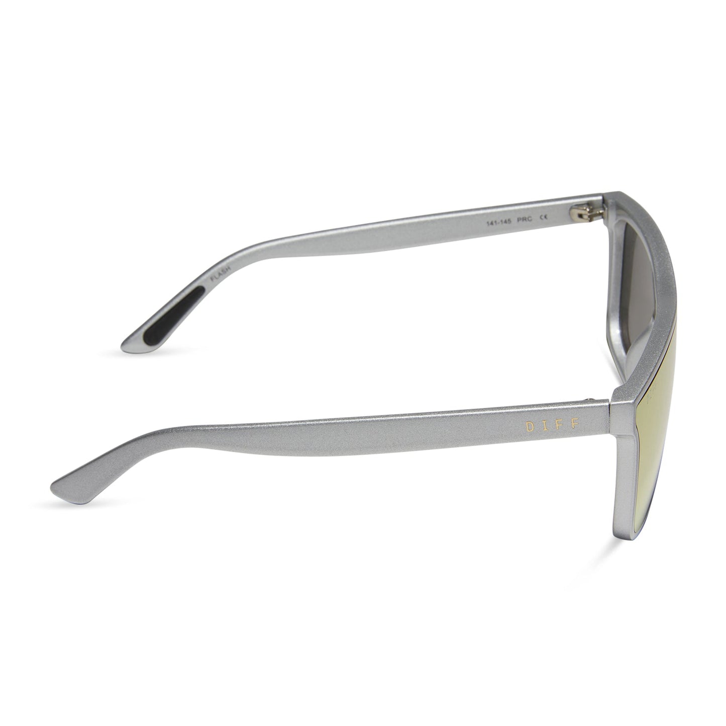 diff sport flash square sunglasses with a silver frame and peach mirror polarized lenses side view