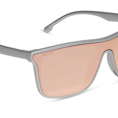 diff sport flash square sunglasses with a silver frame and peach mirror polarized lenses detailed view