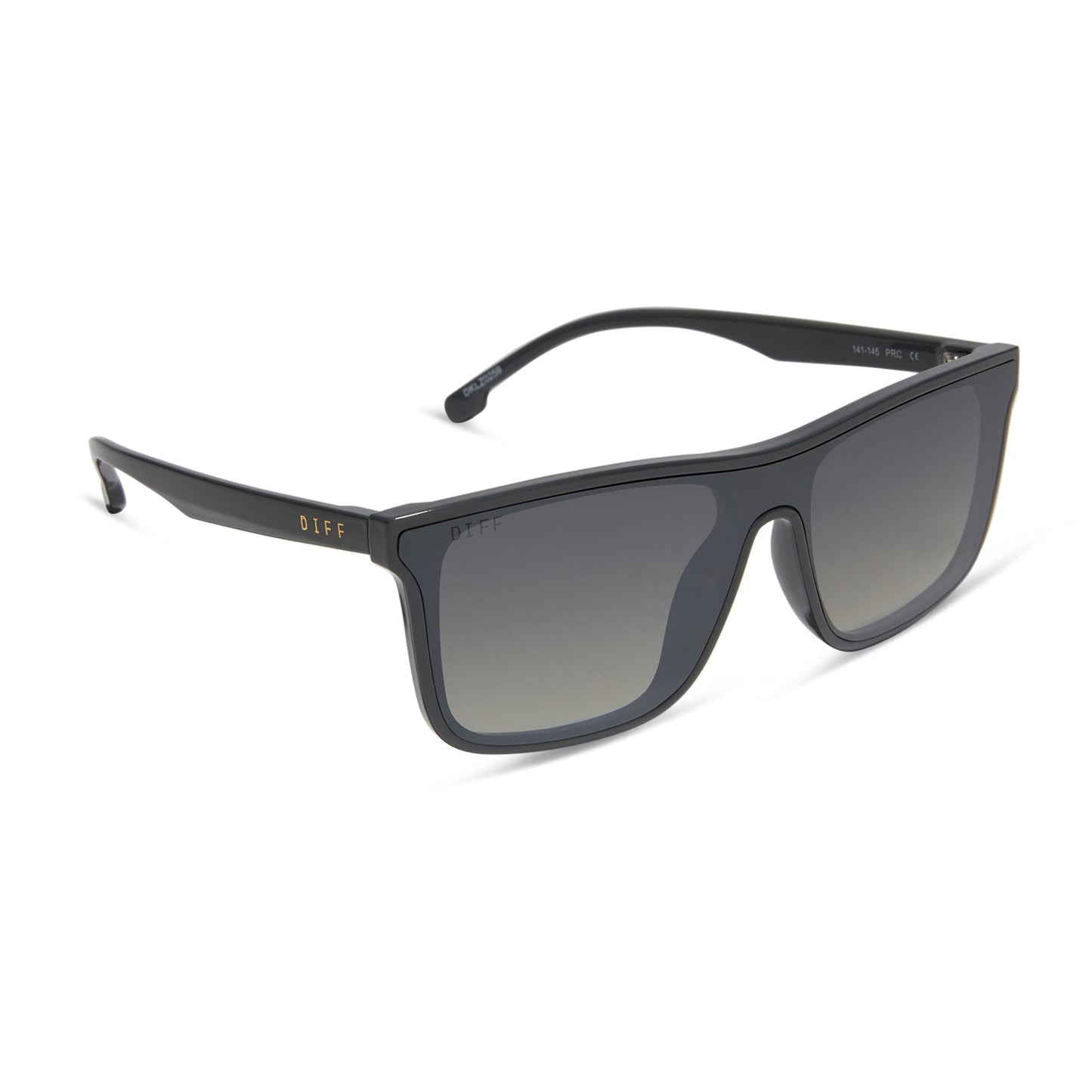 diff sport flash square sunglasses with a slate grey frame and grey gradient with silver flash polarized lenses angled view