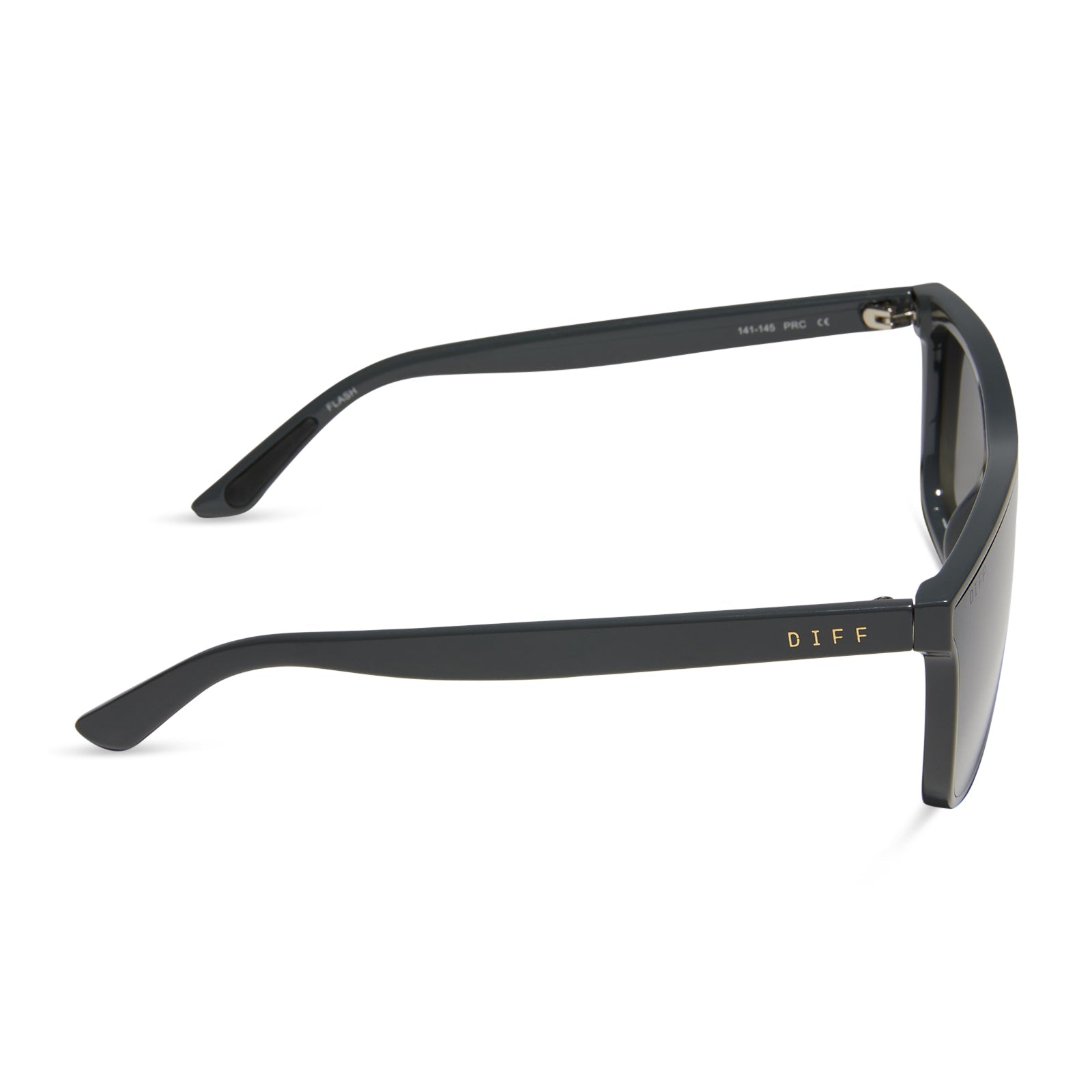 diff sport flash square sunglasses with a slate grey frame and grey gradient with silver flash polarized lenses side view