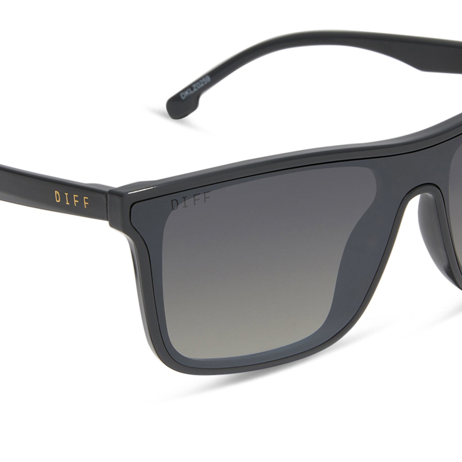 diff sport flash square sunglasses with a slate grey frame and grey gradient with silver flash polarized lenses detailed view