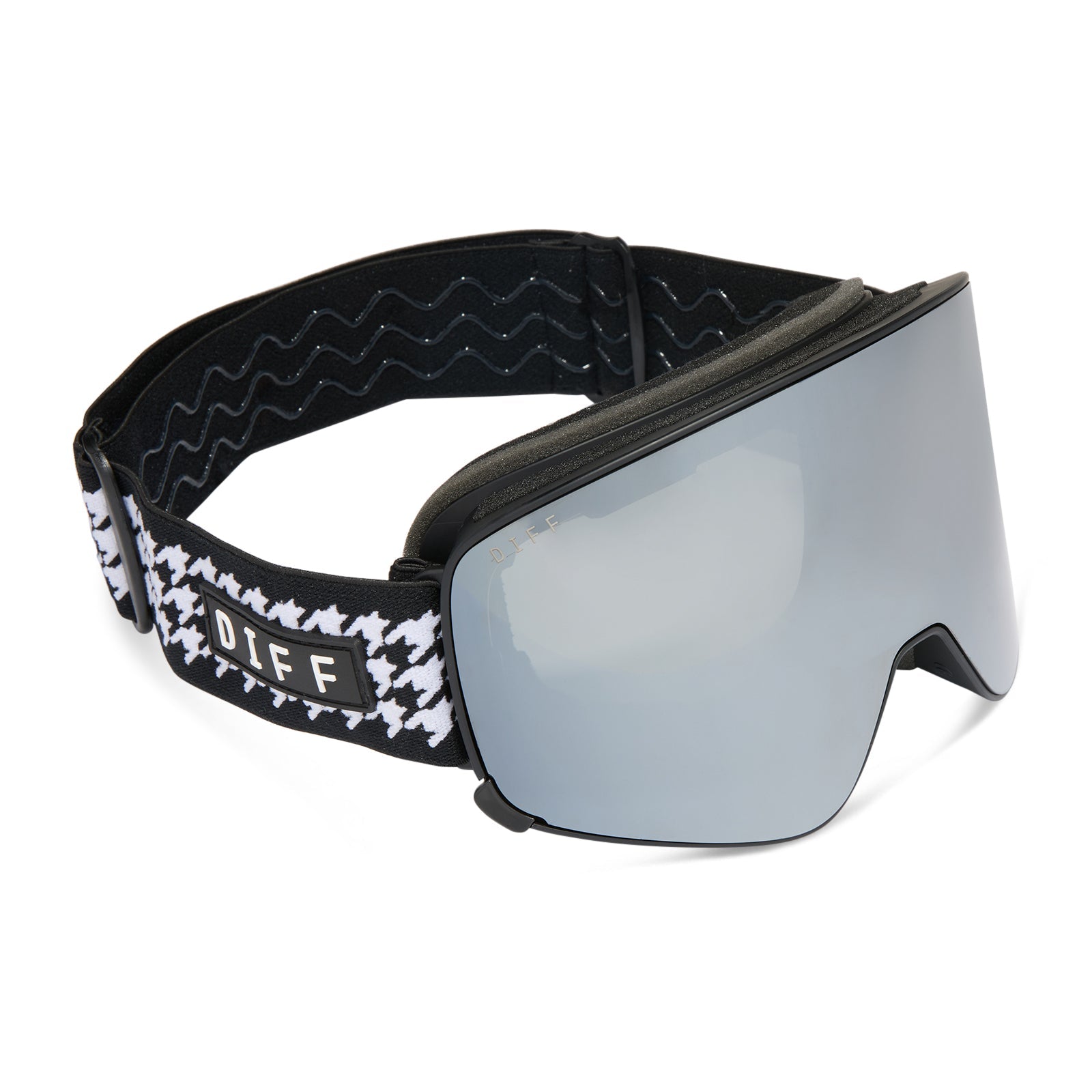 diff sport frost goggles houndstooth with silver mirror polarized lens angled view