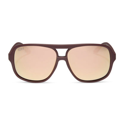 diff sport featuring the hangtime aviator sunglasses with a matte rugby red frame and champagne mirror polarized lenses front view