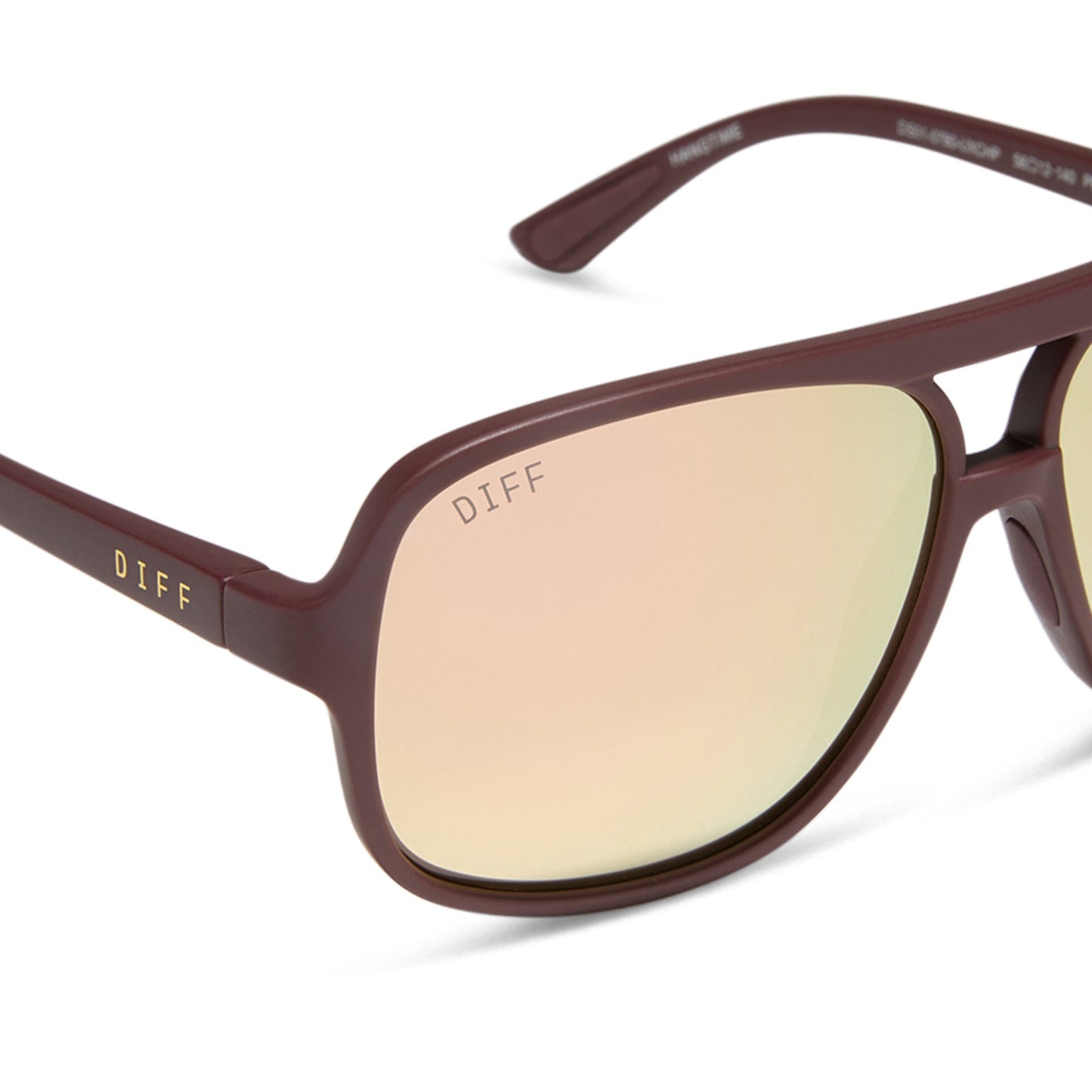 diff sport featuring the hangtime aviator sunglasses with a matte rugby red frame and champagne mirror polarized lenses detailed view