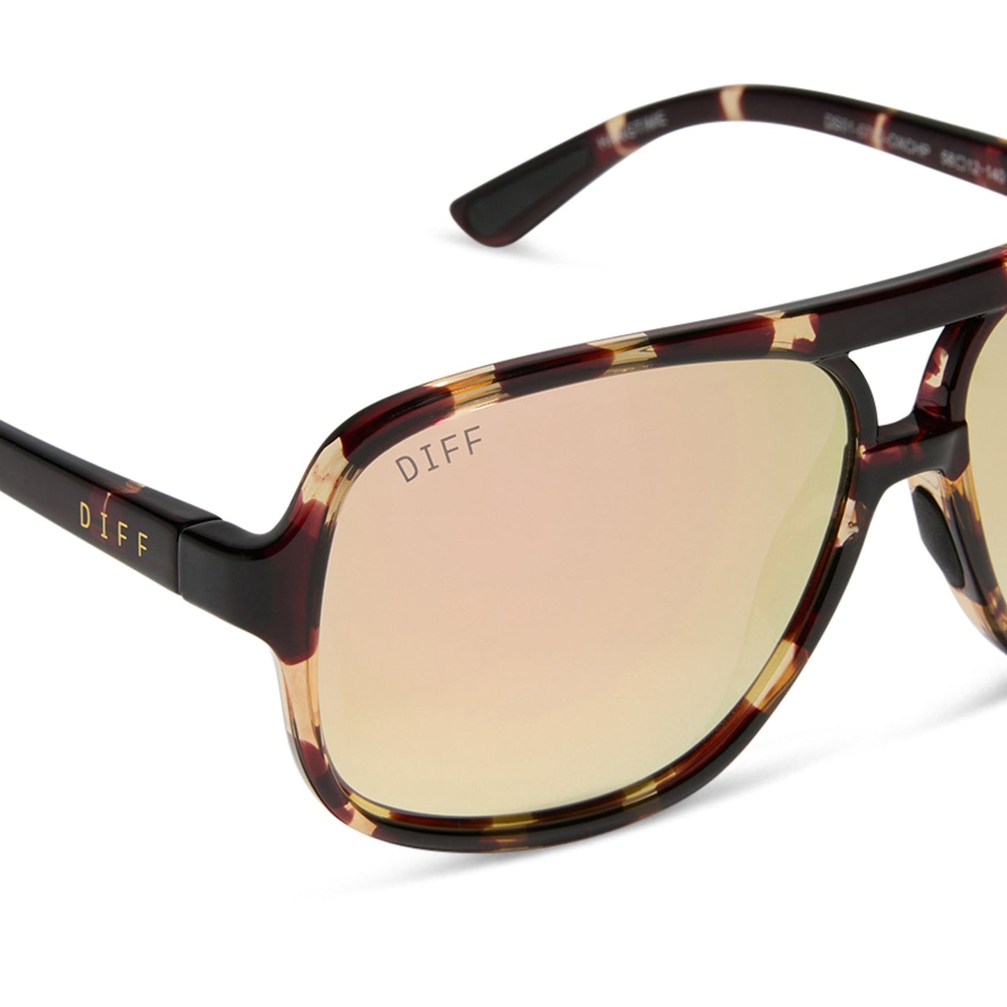 diff sport featuring the hangtime aviator sunglasses with a sport tortoise frame and champagne mirror polarized lenses detailed view