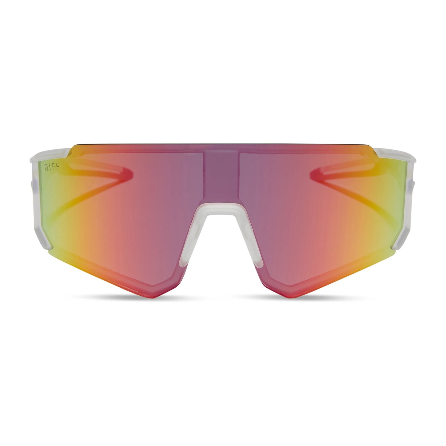 diff sport featuring the heat shield sunglasses with a crystal clear frame and rainbow mirror polarized lenses front view