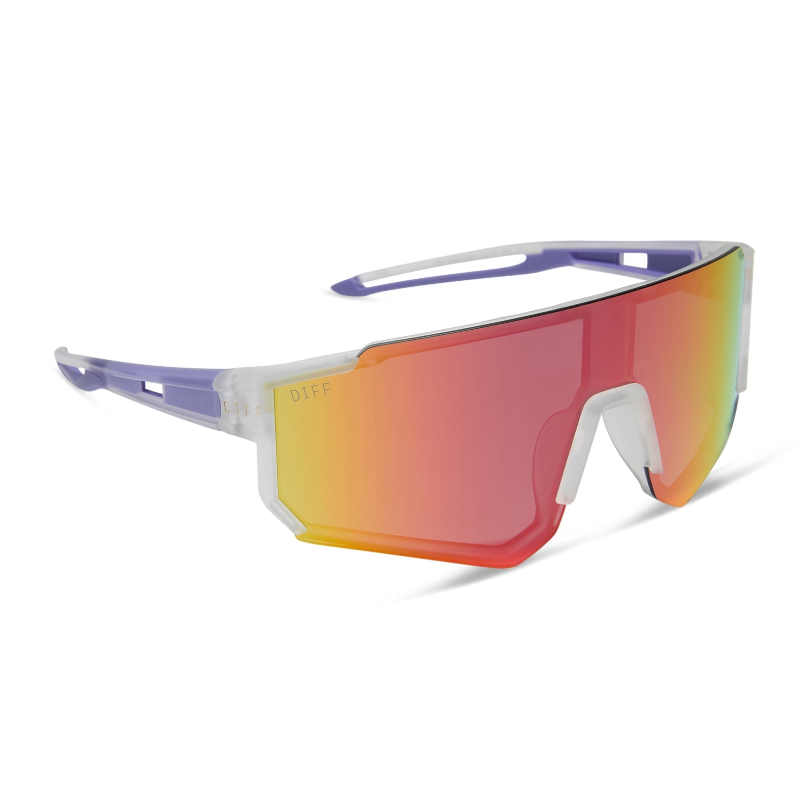 diff sport featuring the heat shield sunglasses with a crystal clear frame and rainbow mirror polarized lenses angled view