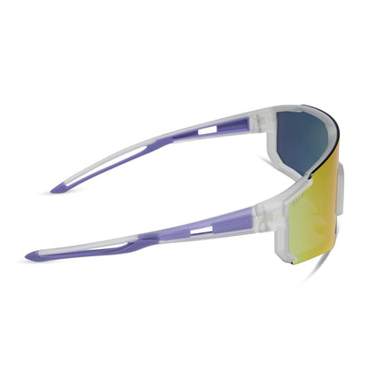 diff sport featuring the heat shield sunglasses with a crystal clear frame and rainbow mirror polarized lenses side view
