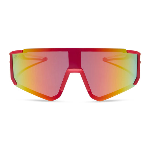 diff sport featuring the heat shield sunglasses with a firecracker red frame and sunset mirror polarized lenses front view