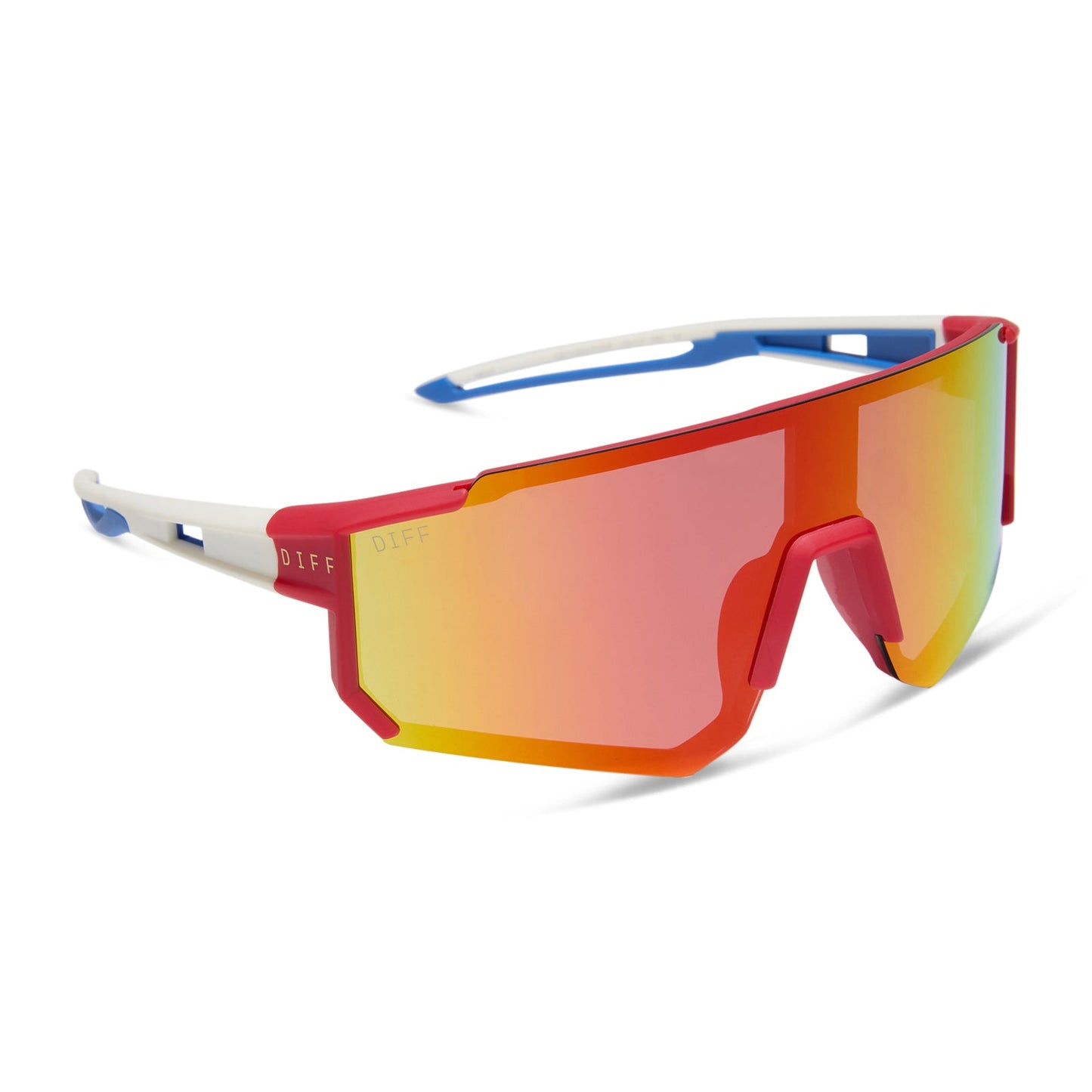 diff sport featuring the heat shield sunglasses with a firecracker red frame and sunset mirror polarized lenses angled view
