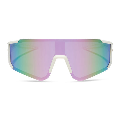 diff sport featuring the heat shield sunglasses with a matte courtside ivory white frame and lavender mirror polarized lenses front view