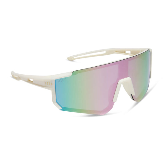 diff sport featuring the heat shield sunglasses with a matte courtside ivory white frame and lavender mirror polarized lenses angled view