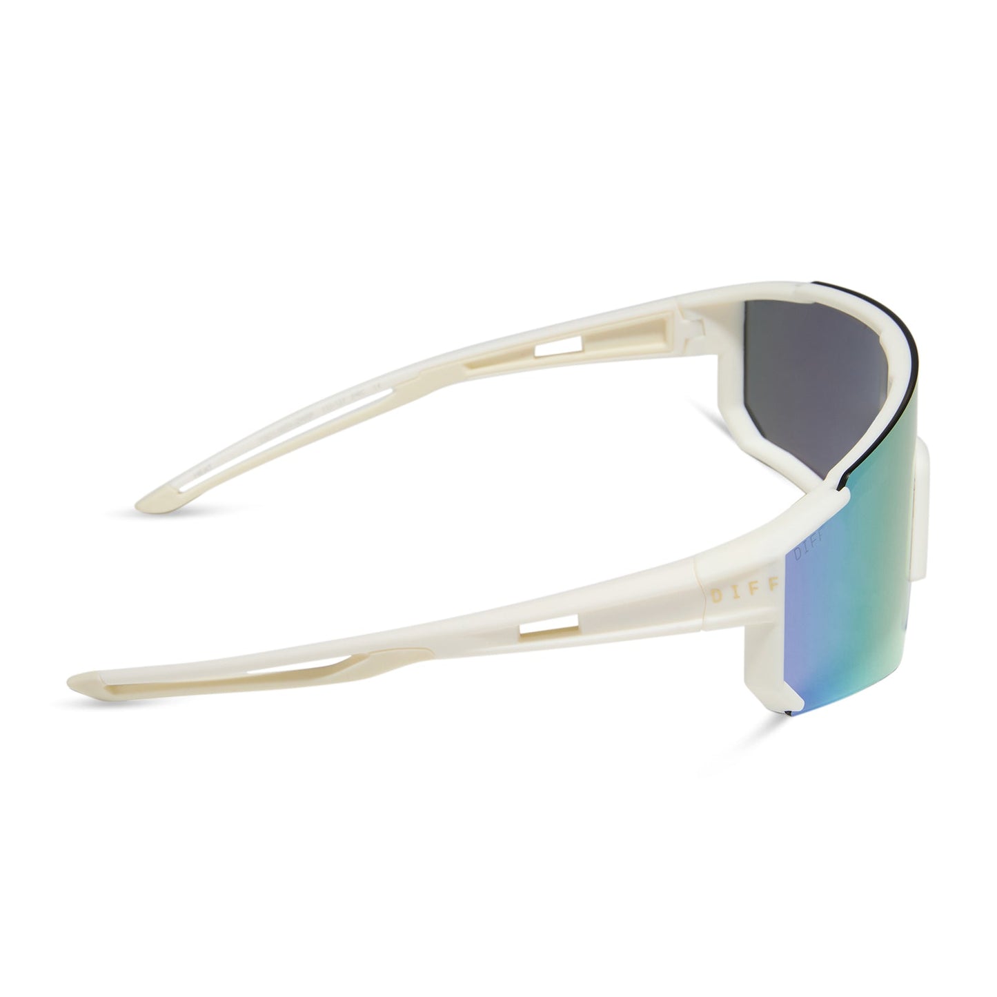 diff sport featuring the heat shield sunglasses with a matte courtside ivory white frame and lavender mirror polarized lenses side view