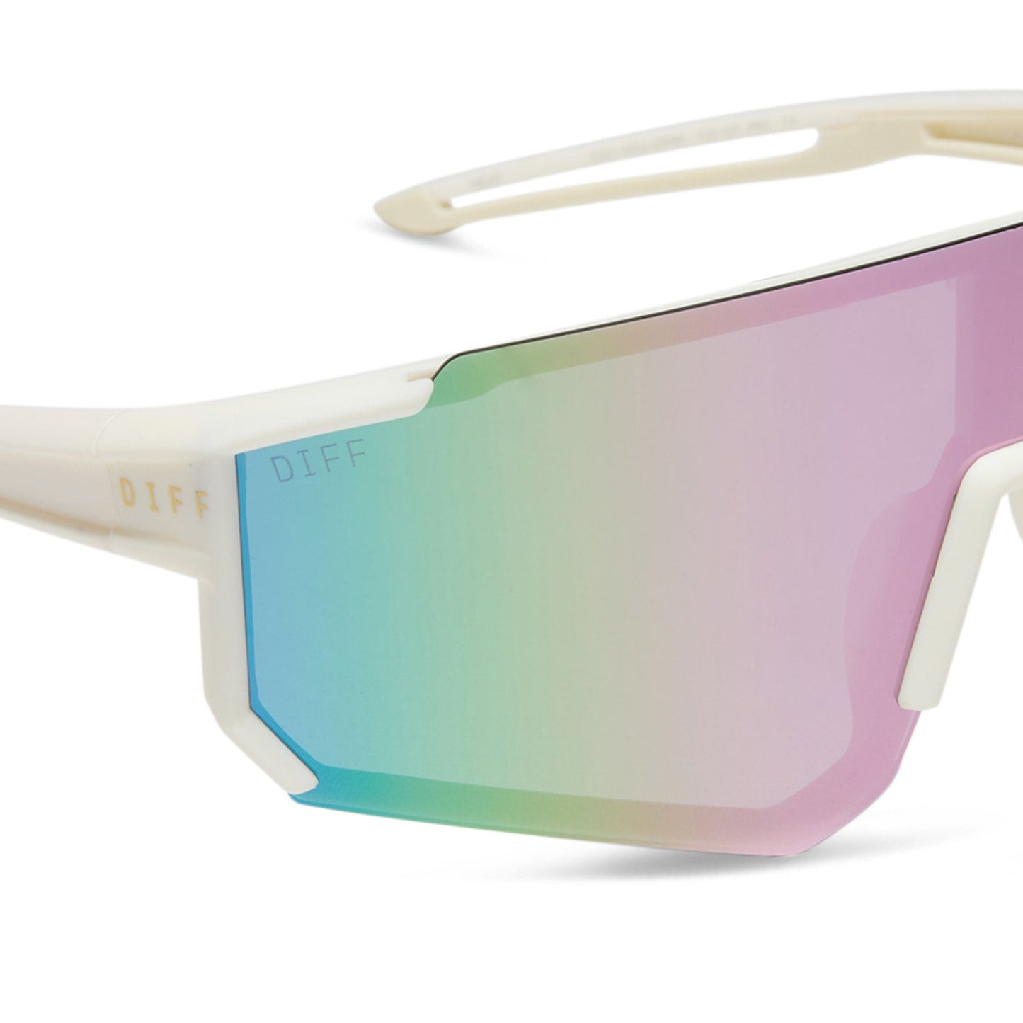 diff sport featuring the heat shield sunglasses with a matte courtside ivory white frame and lavender mirror polarized lenses detailed view