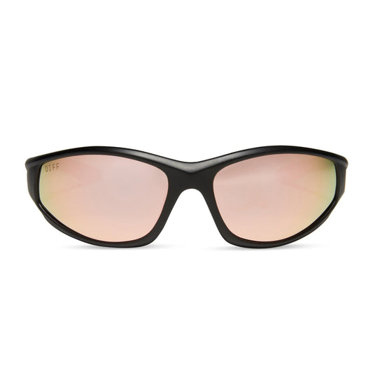 diff sport lightning wrap sunglasses with a matte black frame and peach mirror polarized lenses front view