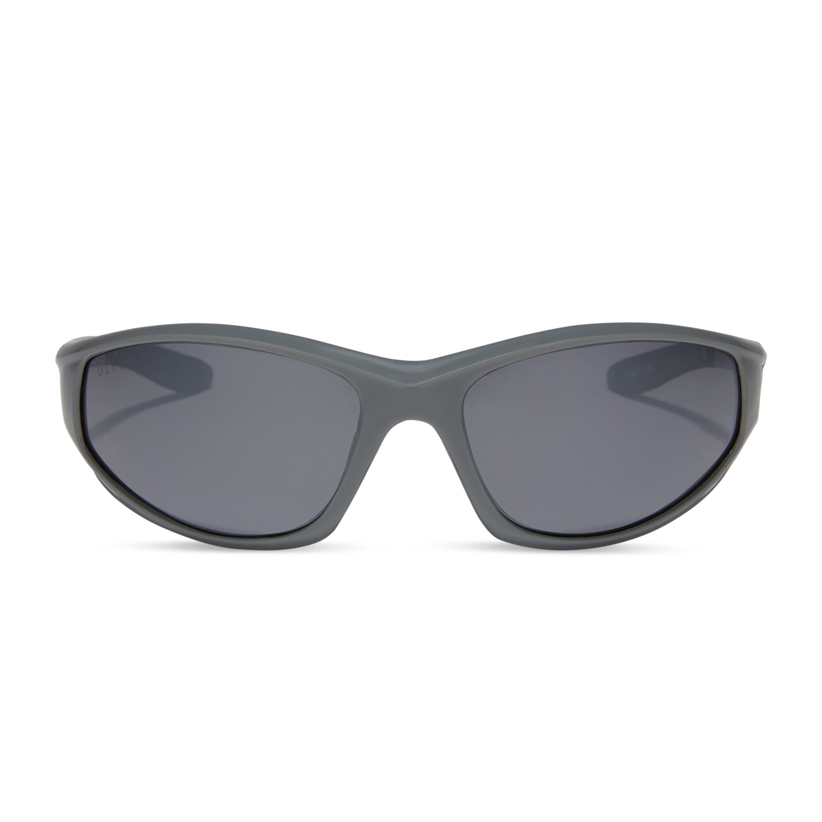 diff sport lightning wrap sunglasses with a slate grey frame and grey with silver flash polarized lenses front view