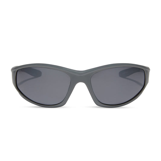 diff sport lightning wrap sunglasses with a slate grey frame and grey with silver flash polarized lenses front view