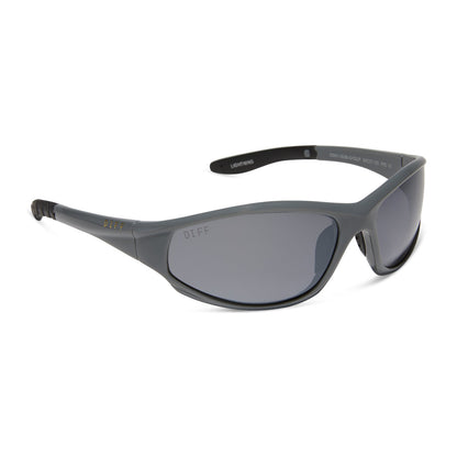 diff sport lightning wrap sunglasses with a slate grey frame and grey with silver flash polarized lenses angled view