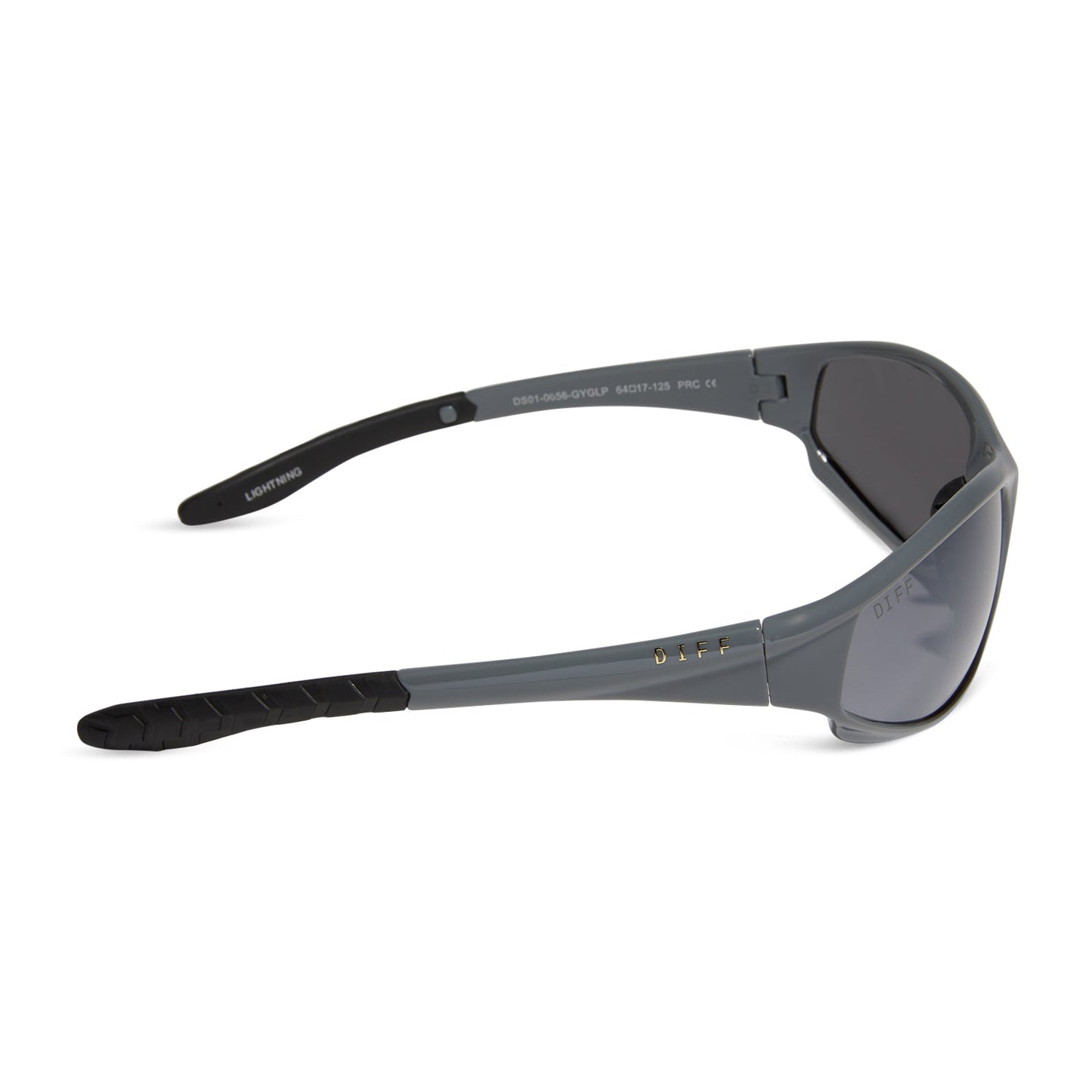 diff sport lightning wrap sunglasses with a slate grey frame and grey with silver flash polarized lenses side view