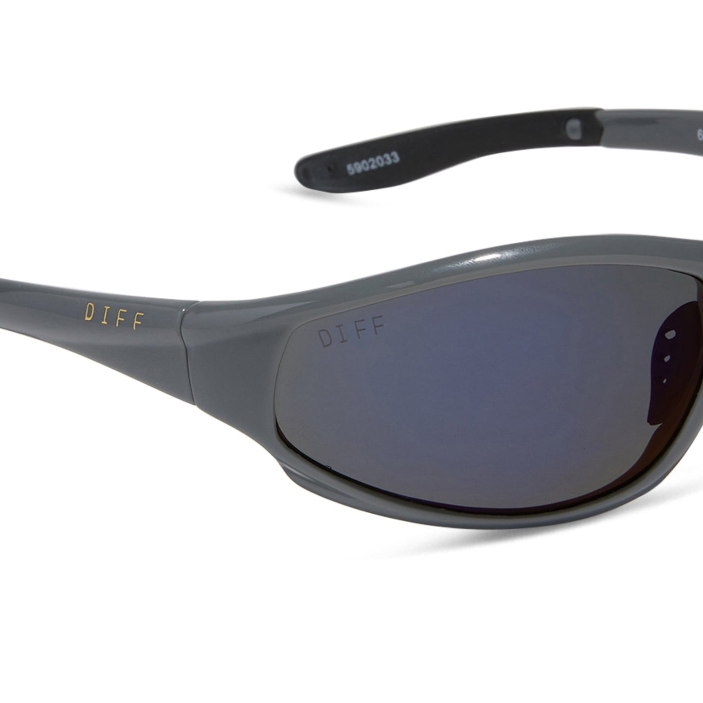 diff sport lightning wrap sunglasses with a slate grey frame and grey with silver flash polarized lenses detailed view