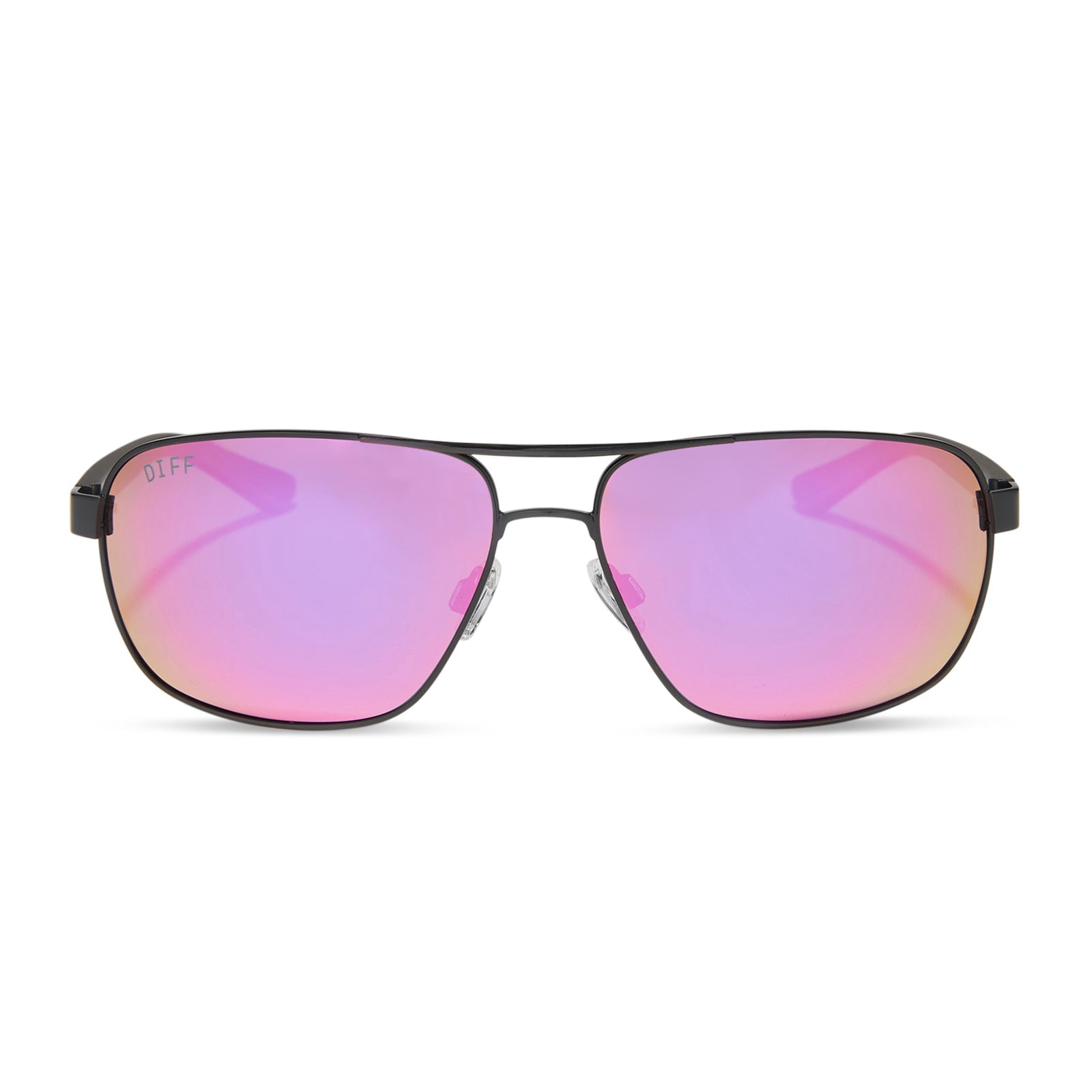 diff sport featuring the matchpoint aviator sunglasses with a black metal frame, matte black temples and pink rush mirror polarized lenses front view