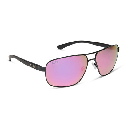 diff sport featuring the matchpoint aviator sunglasses with a black metal frame, matte black temples and pink rush mirror polarized lenses angled view