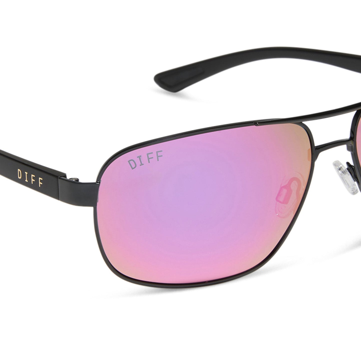 diff sport featuring the matchpoint aviator sunglasses with a black metal frame, matte black temples and pink rush mirror polarized lenses detailed view