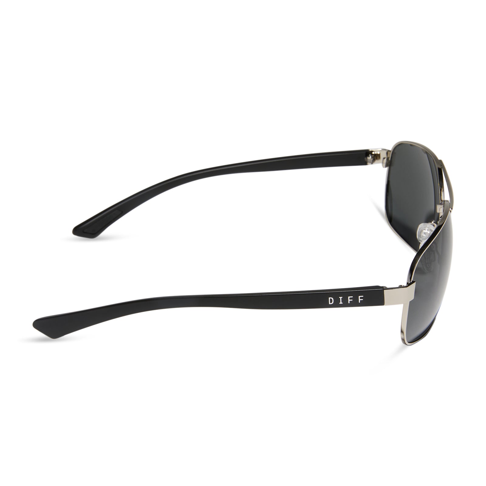 diff sport featuring the matchpoint aviator sunglasses with a silver frame matte black temples and grey polarized lenses side view
