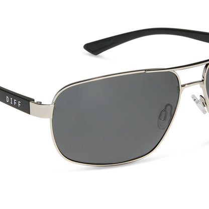 diff sport featuring the matchpoint aviator sunglasses with a silver frame matte black temples and grey polarized lenses detailed view