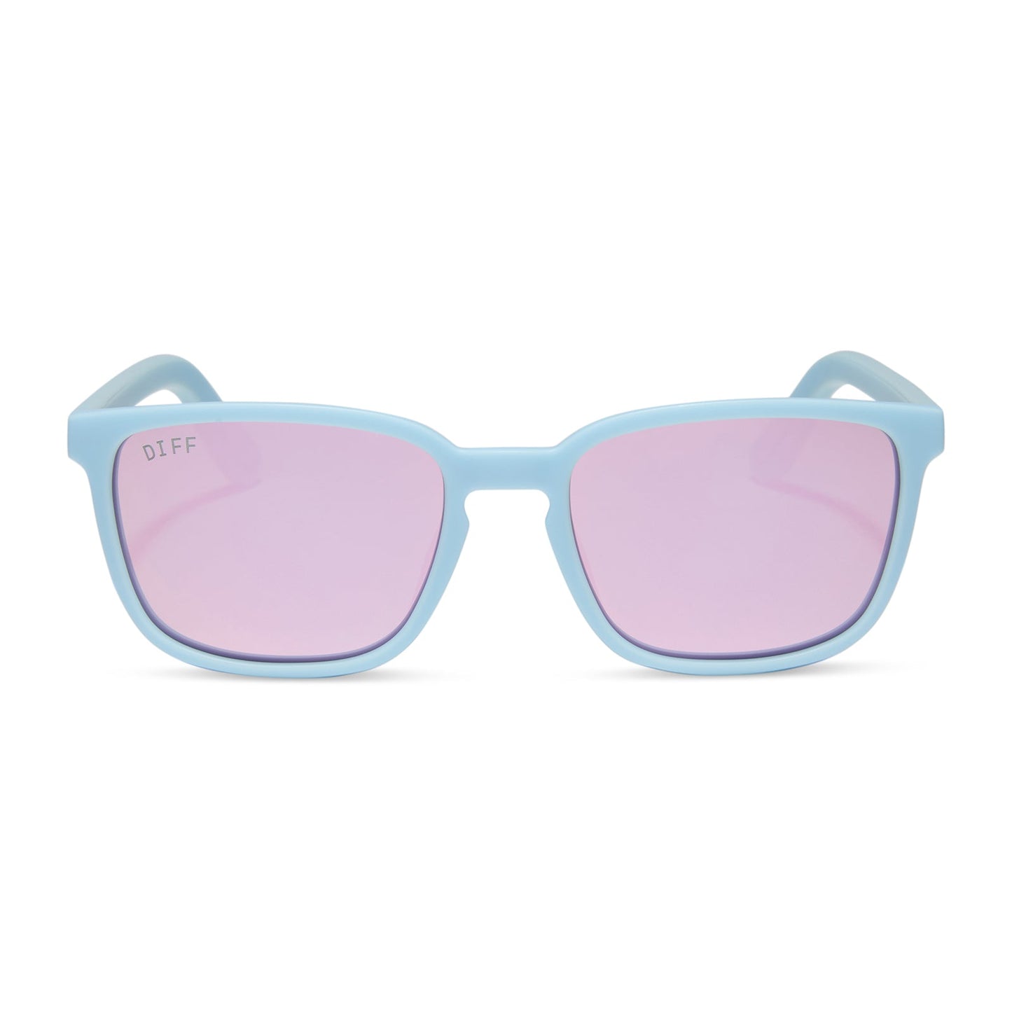 diff sport featuring the rush square sunglasses with a matte baby blue frame and lavender mirror polarized lenses front view