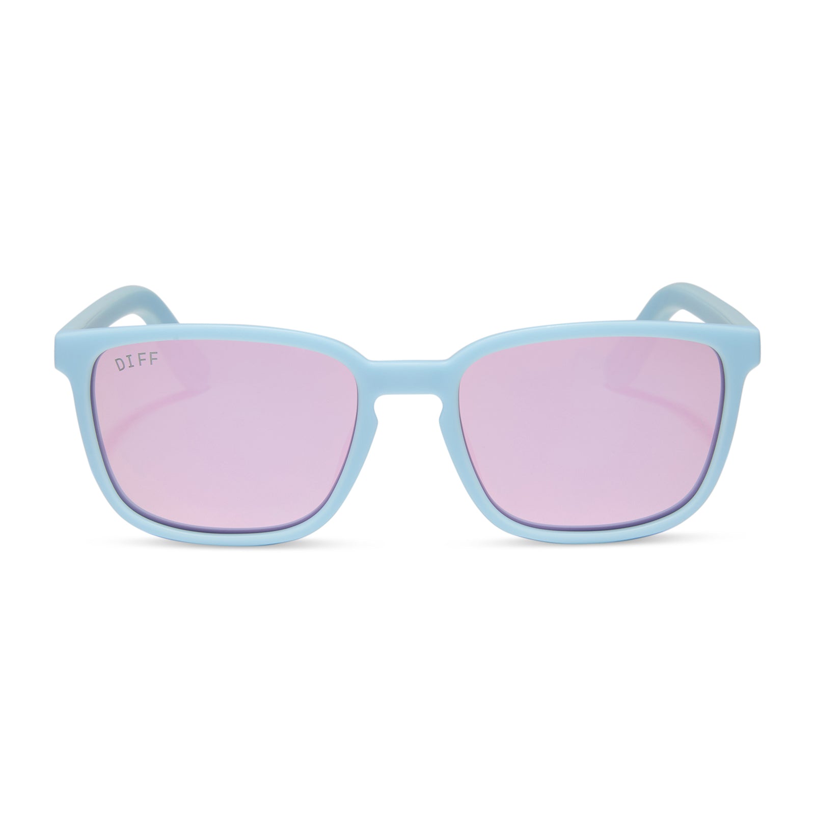 diff sport featuring the rush square sunglasses with a matte baby blue frame and lavender mirror polarized lenses front view