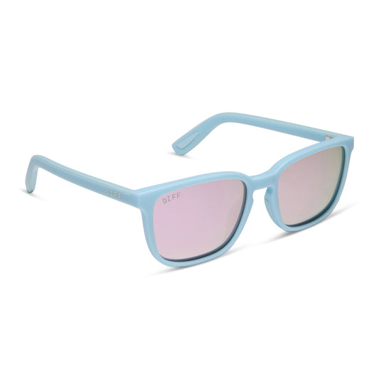 diff sport featuring the rush square sunglasses with a matte baby blue frame and lavender mirror polarized lenses angled view