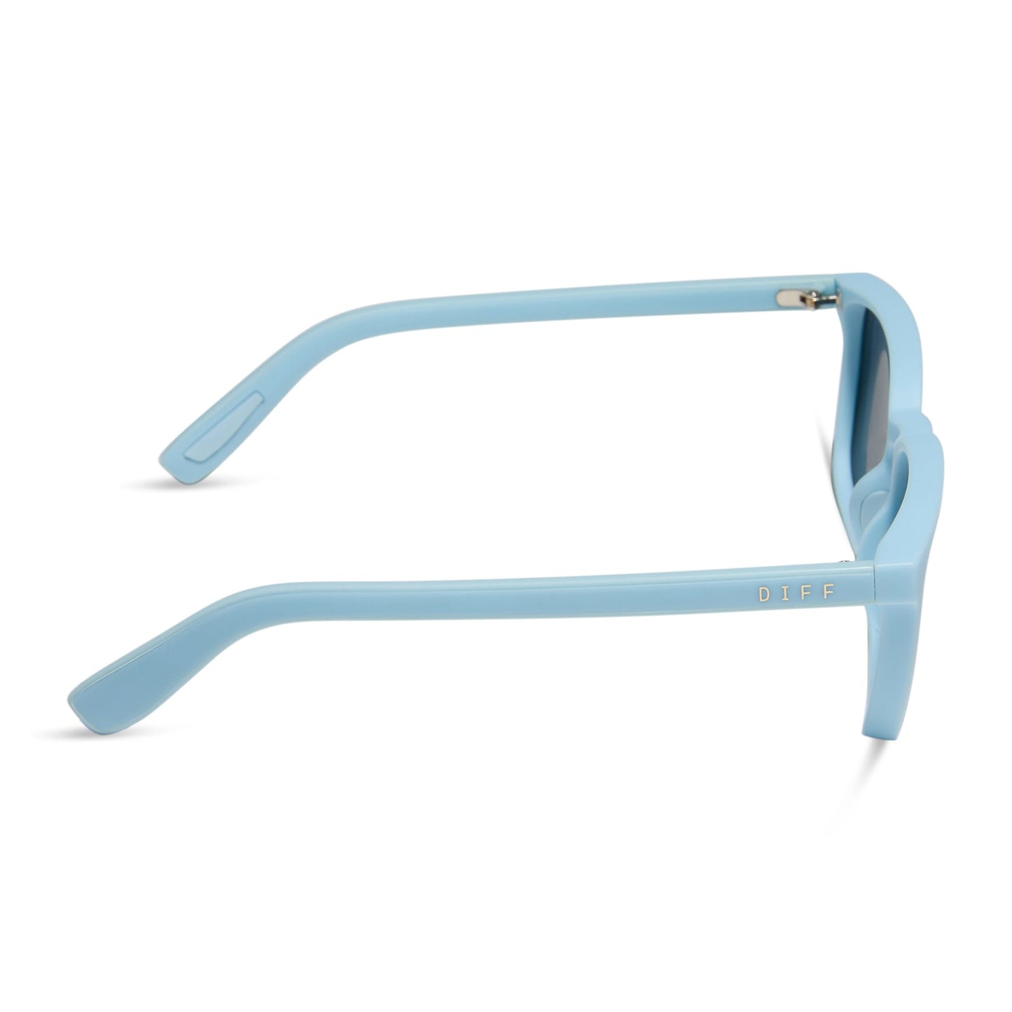 diff sport featuring the rush square sunglasses with a matte baby blue frame and lavender mirror polarized lenses side view