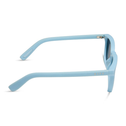 diff sport featuring the rush square sunglasses with a matte baby blue frame and lavender mirror polarized lenses side view