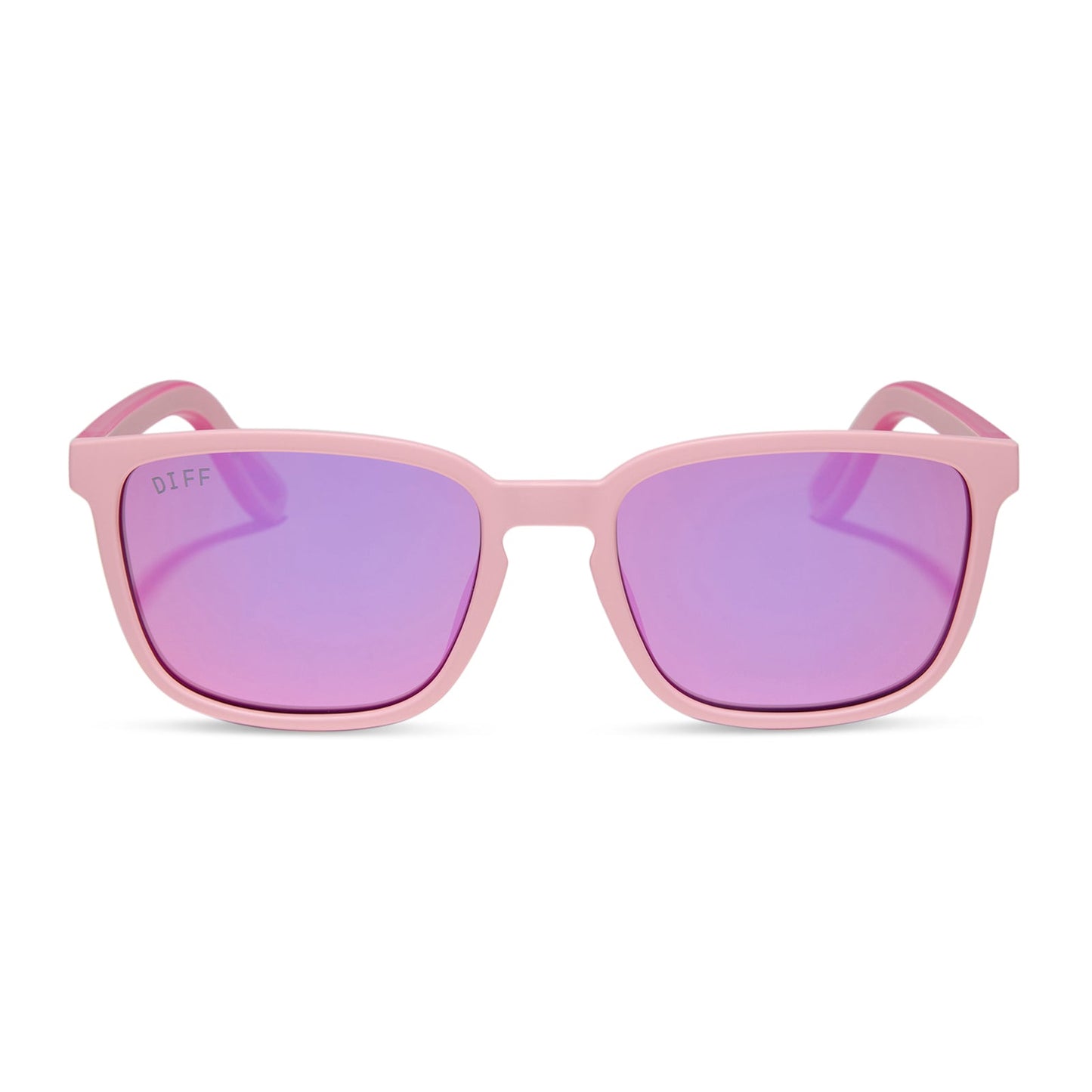 diff sport featuring the rush square sunglasses with a matte baby pink frame and pink rush mirror polarized lenses front view