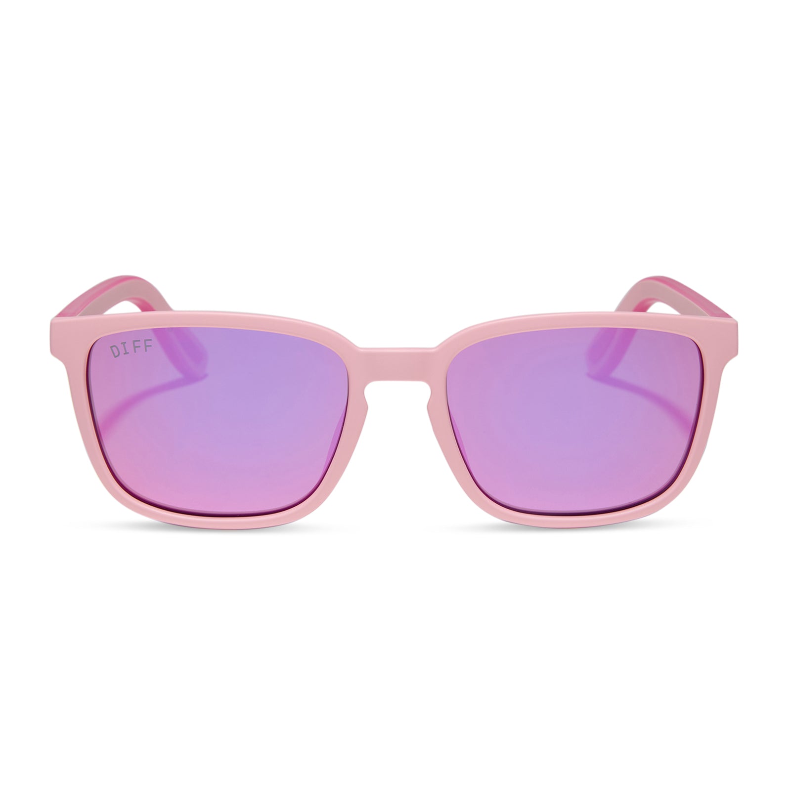diff sport featuring the rush square sunglasses with a matte baby pink frame and pink rush mirror polarized lenses front view