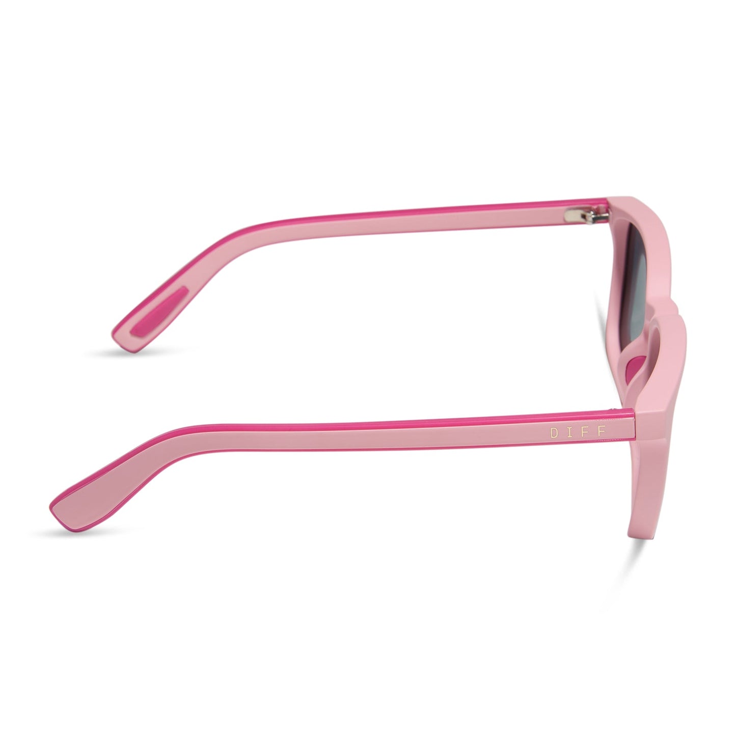 diff sport featuring the rush square sunglasses with a matte baby pink frame and pink rush mirror polarized lenses side view
