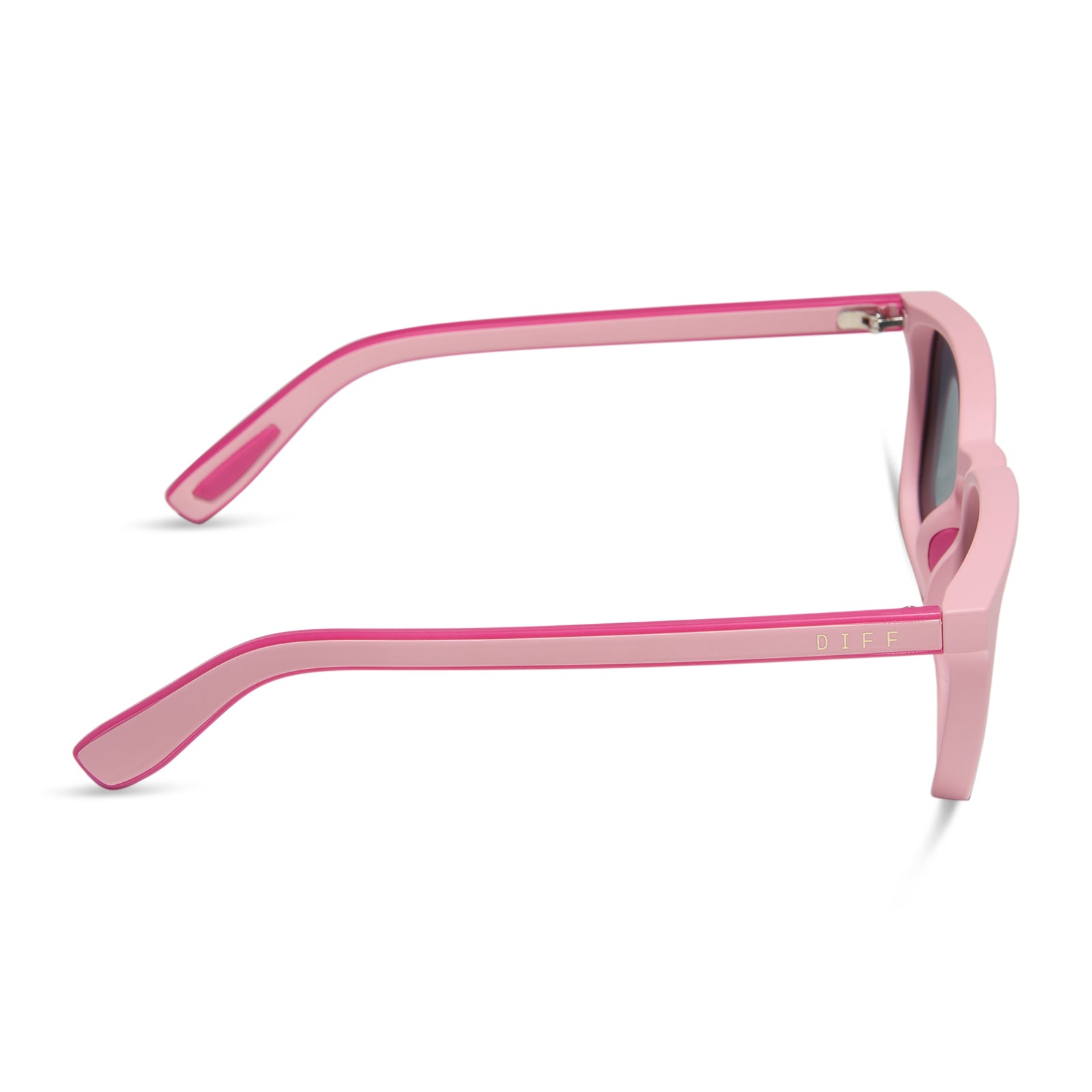 diff sport featuring the rush square sunglasses with a matte baby pink frame and pink rush mirror polarized lenses side view
