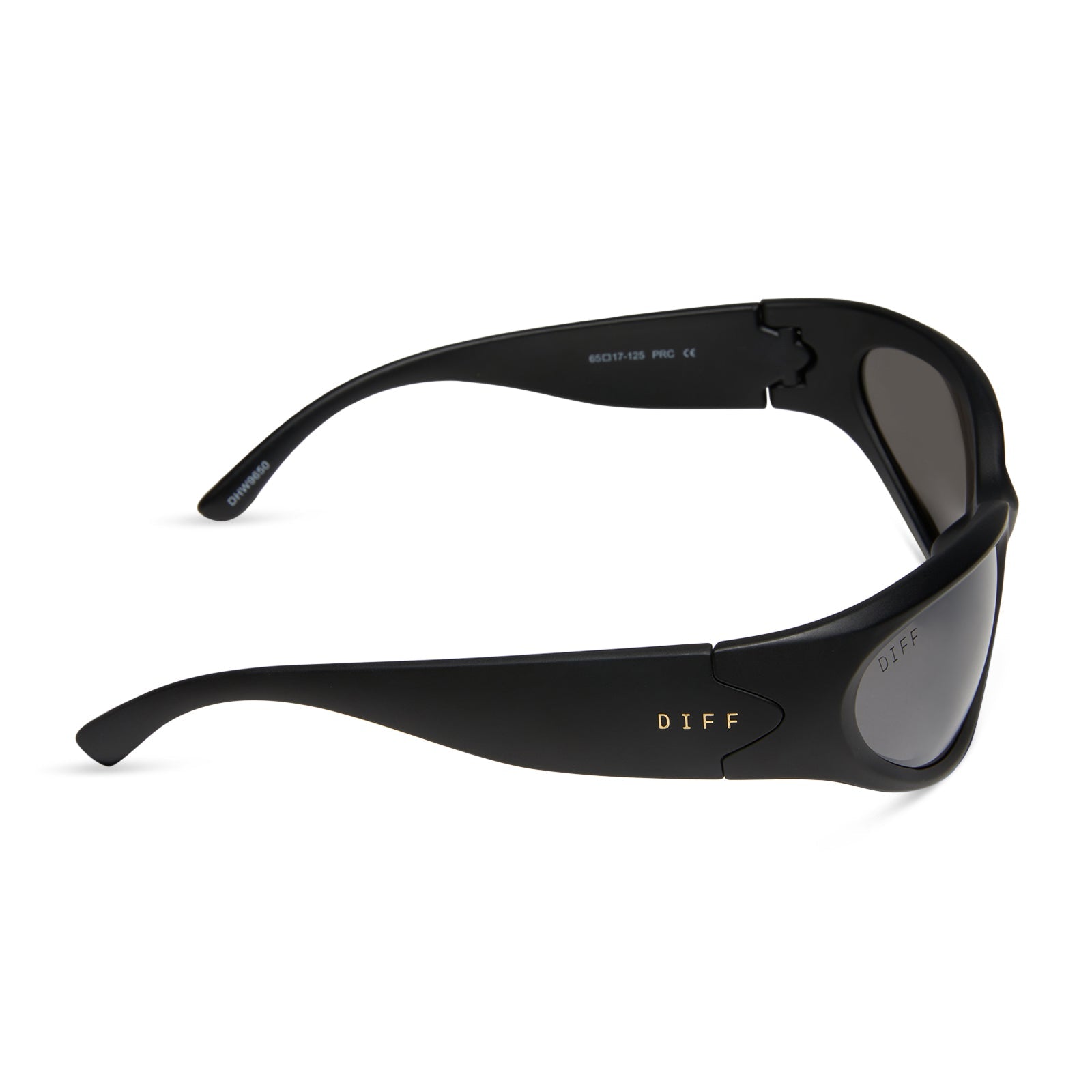 diff sport side out wrap sunglasses with a matte black frame and grey with silver flash polarized lenses side view