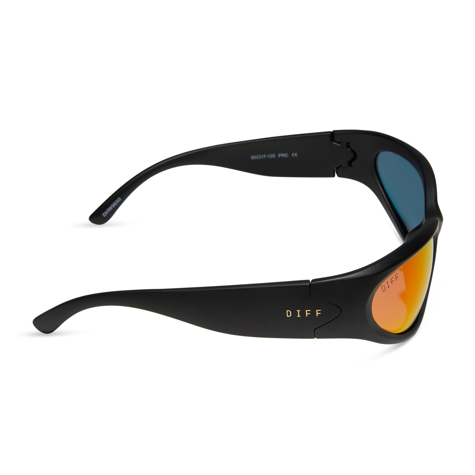 diff sport side out wrap sunglasses with a matte black frame and sunset mirror polarized lenses side view