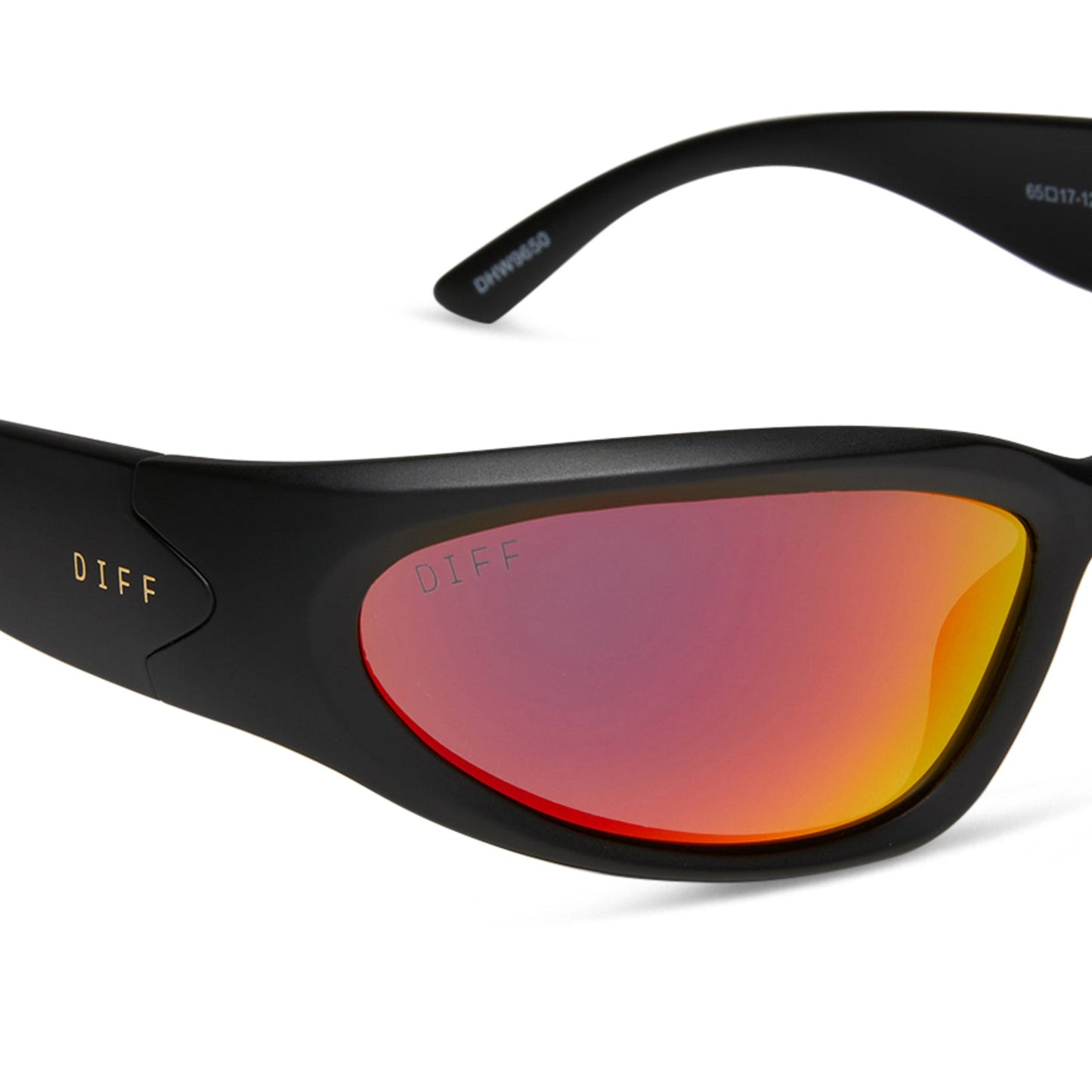 diff sport side out wrap sunglasses with a matte black frame and sunset mirror polarized lenses detailed view