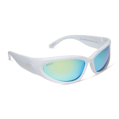 diff sport side out wrap sunglasses with a matte white frame and turquoise ice mirror polarized lenses angled view