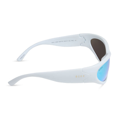 diff sport side out wrap sunglasses with a matte white frame and turquoise ice mirror polarized lenses side view