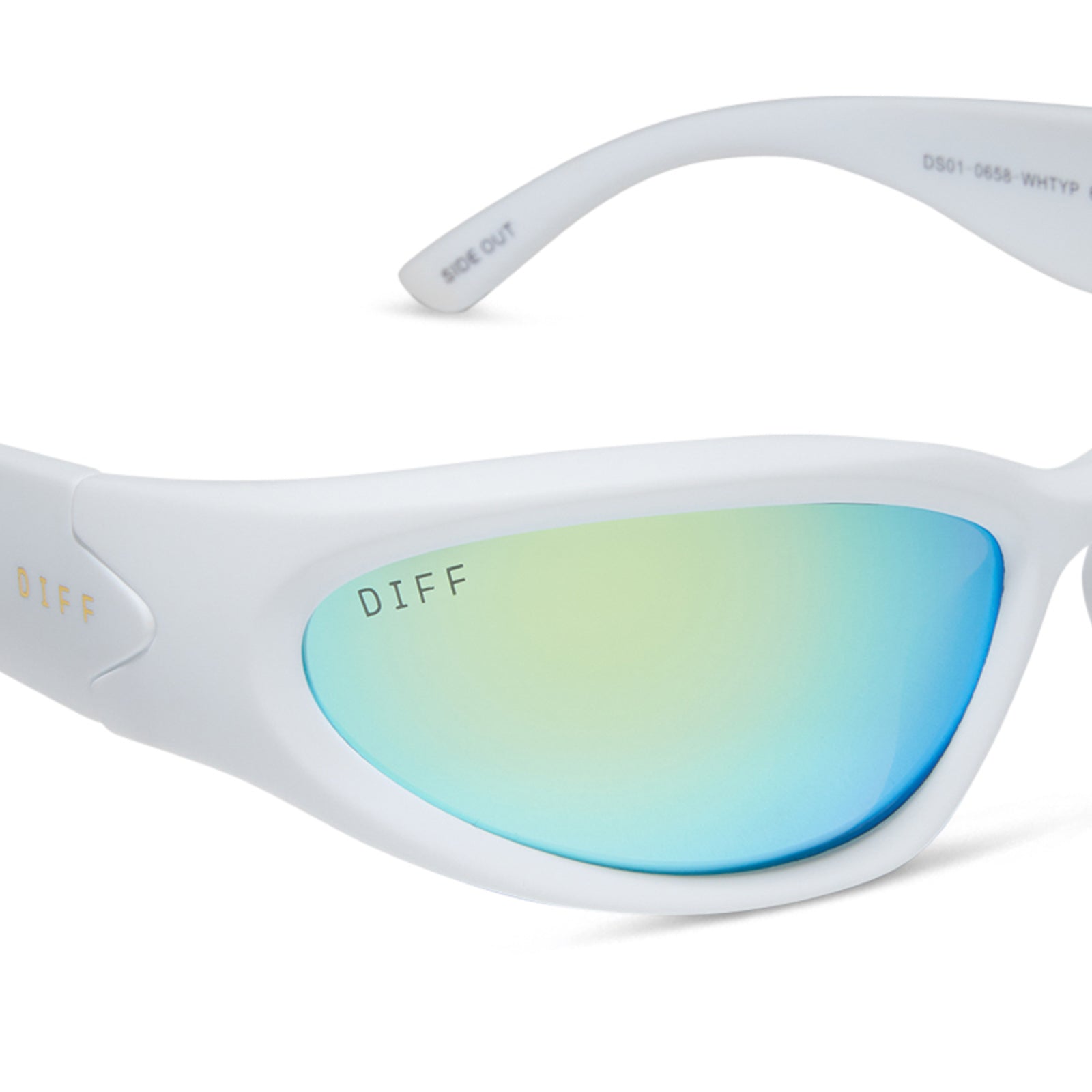 diff sport side out wrap sunglasses with a matte white frame and turquoise ice mirror polarized lenses detailed view