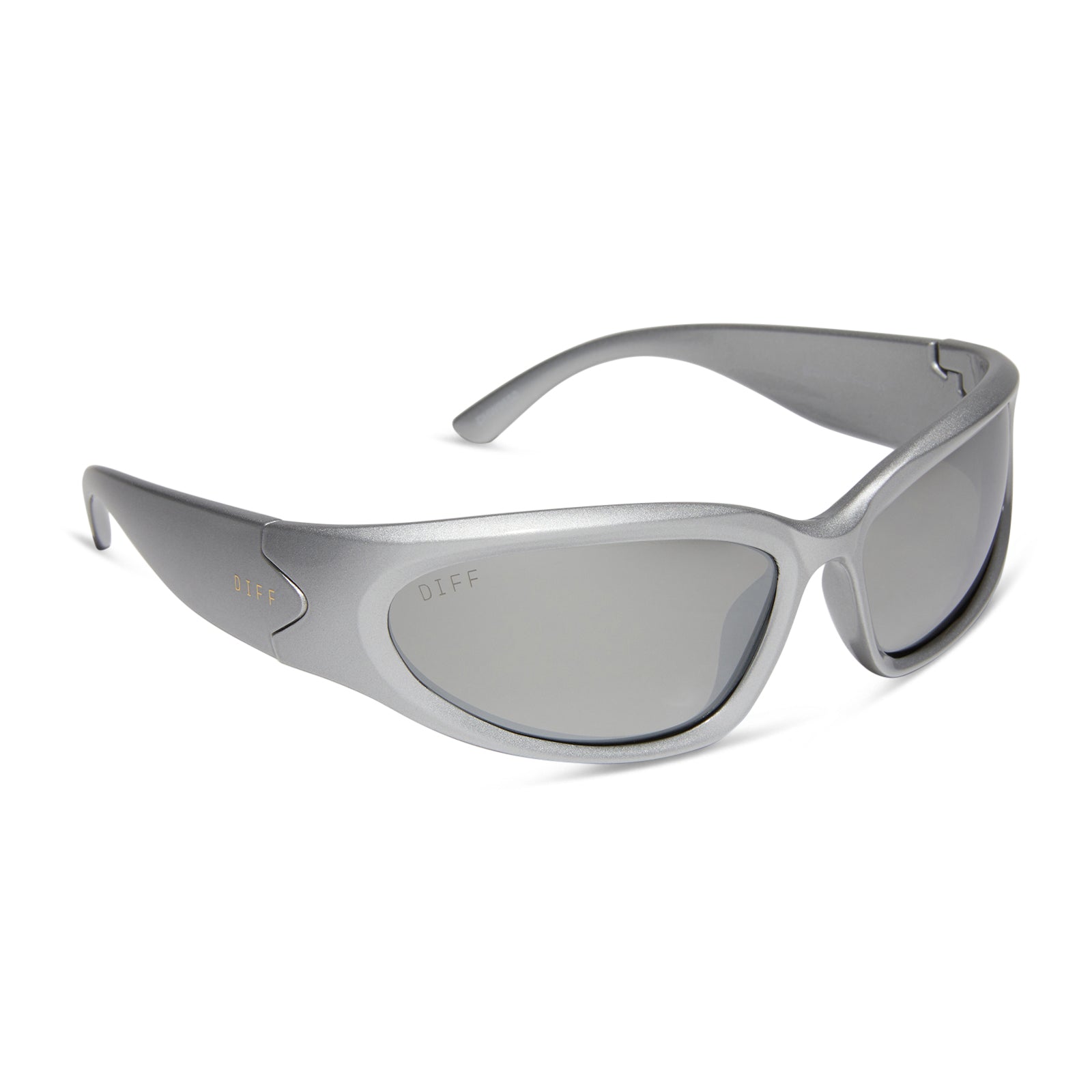 diff sport side out wrap sunglasses with a silver frame and silver mirror polarized lenses angled view
