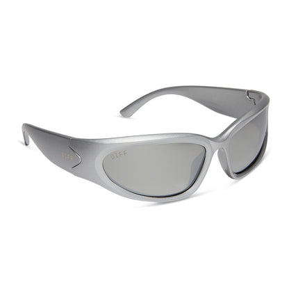 diff sport side out wrap sunglasses with a silver frame and silver mirror polarized lenses angled view