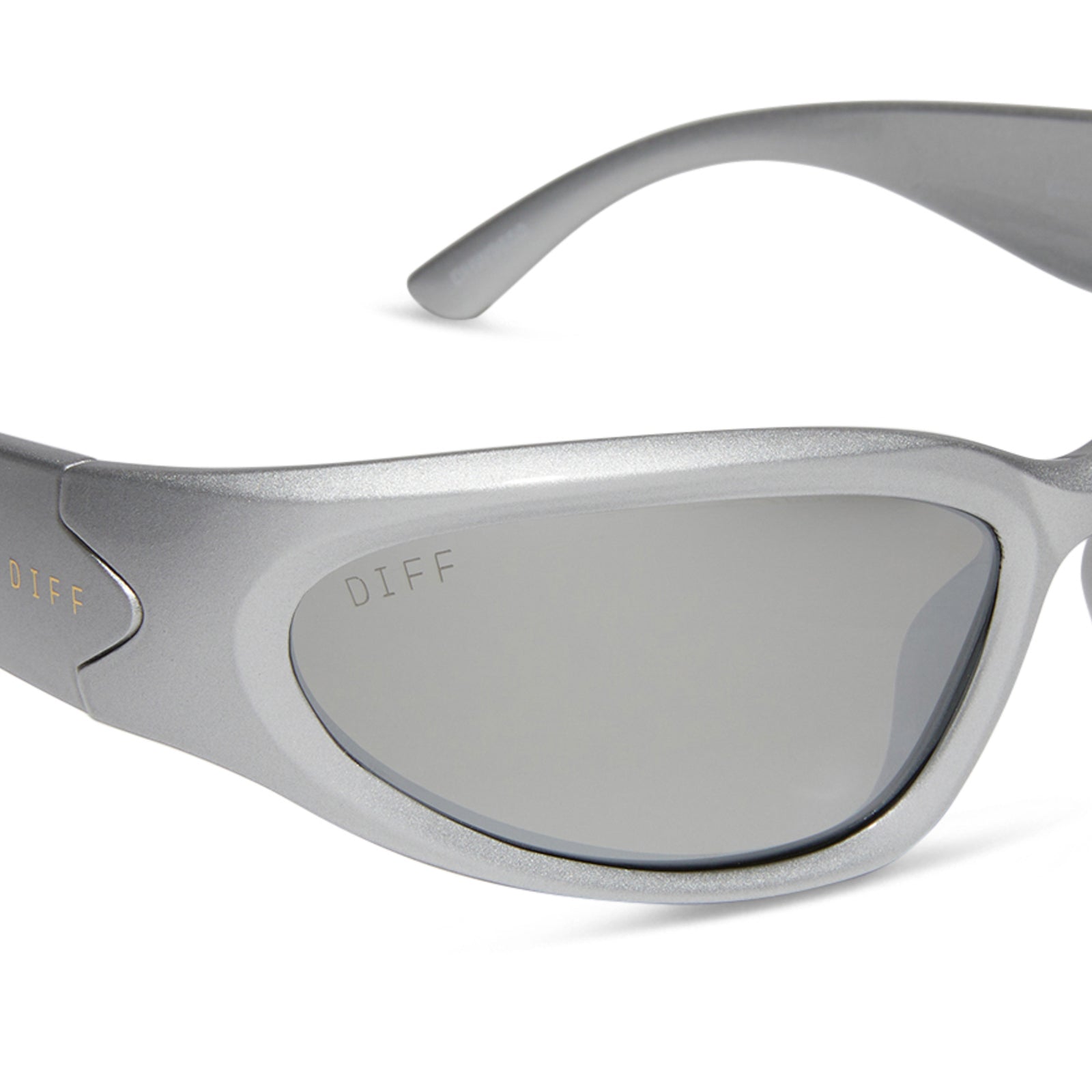 diff sport side out wrap sunglasses with a silver frame and silver mirror polarized lenses detailed view