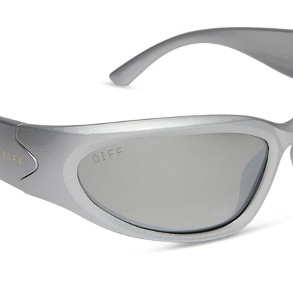 diff sport side out wrap sunglasses with a silver frame and silver mirror polarized lenses detailed view