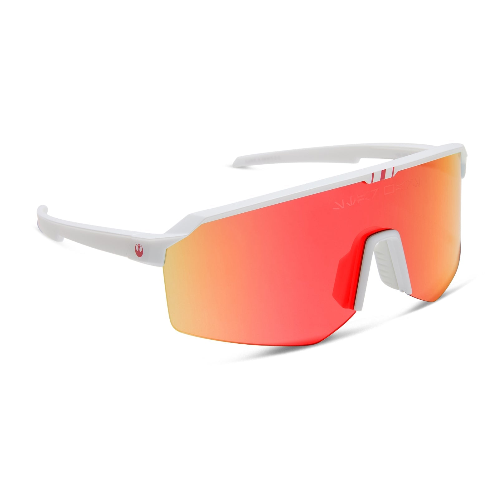star wars™ x diff sport featuring the luke x-wing™ 2.0 shield sunglasses with a white frame and red orange fire mirror polarized lenses angled view